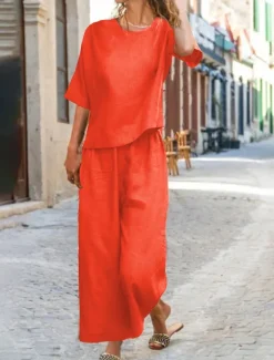 Online Women's Cotton Linen Sets Two Piece Sets Pure Color Hot Casual Comfort Home Daily Spring Fall Women Sets