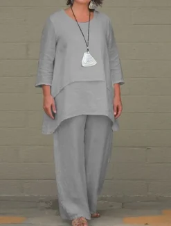 Hot Women's Cotton Linen Sets Two Piece Sets Solid Color Fashion Round Neck Street Daily 2 Piece White Blue Khaki Gray Spring & Fall Women Sets