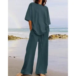 Discount Women's Cotton Linen Sets Two Piece Sets Basic Pure Color Pocket Elastic Waist T Shirt Pant Street Daily Long Sleeve Crew Neck Black White Navy Blue Light Brown Blue Summer Spring Women Sets
