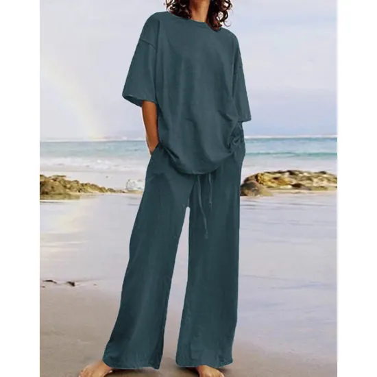 Discount Women's Cotton Linen Sets Two Piece Sets Basic Pure Color Pocket Elastic Waist T Shirt Pant Street Daily Long Sleeve Crew Neck Black White Navy Blue Light Brown Blue Summer Spring Women Sets