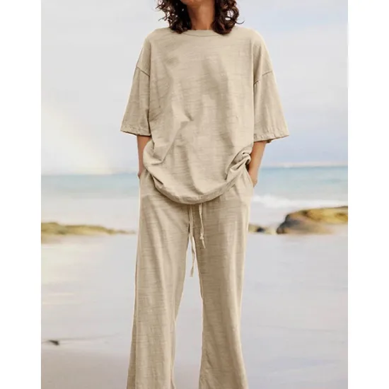 Discount Women's Cotton Linen Sets Two Piece Sets Basic Pure Color Pocket Elastic Waist T Shirt Pant Street Daily Long Sleeve Crew Neck Black White Navy Blue Light Brown Blue Summer Spring Women Sets