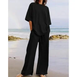 Discount Women's Cotton Linen Sets Two Piece Sets Basic Pure Color Pocket Elastic Waist T Shirt Pant Street Daily Long Sleeve Crew Neck Black White Navy Blue Light Brown Blue Summer Spring Women Sets