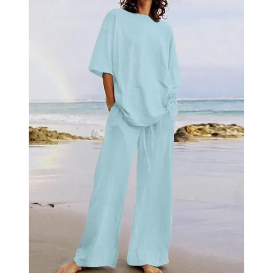 Discount Women's Cotton Linen Sets Two Piece Sets Basic Pure Color Pocket Elastic Waist T Shirt Pant Street Daily Long Sleeve Crew Neck Black White Navy Blue Light Brown Blue Summer Spring Women Sets