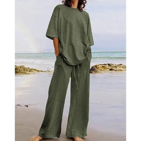 Discount Women's Cotton Linen Sets Two Piece Sets Basic Pure Color Pocket Elastic Waist T Shirt Pant Street Daily Long Sleeve Crew Neck Black White Navy Blue Light Brown Blue Summer Spring Women Sets