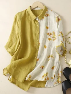 Hot Women's Cotton Linen Shirts Floral Vintage Basic Casual 3/4 Length Sleeve Shirt Collar Regular Tops Daily Pocket Buttons Print Black Yellow Summer Spring Women Shirts