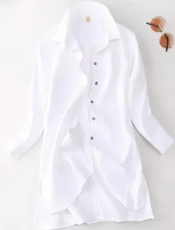 Best Women's Cotton Linen Shirts Solid Color Stylish Basic Casual Long Sleeve Shirt Collar Long Tops Daily Buttons White Army Green Khaki Summer Fall Women Shirts