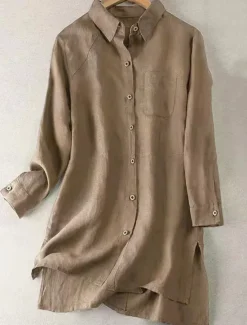 Best Women's Cotton Linen Shirts Solid Color Stylish Basic Casual Long Sleeve Shirt Collar Long Tops Daily Buttons White Army Green Khaki Summer Fall Women Shirts