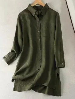 Best Women's Cotton Linen Shirts Solid Color Stylish Basic Casual Long Sleeve Shirt Collar Long Tops Daily Buttons White Army Green Khaki Summer Fall Women Shirts