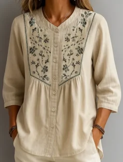 Hot Women's Cotton Linen Shirts Floral Bohemia Casual 3/4 Length Sleeve Crew Neck Regular Tops Daily Embroidered Green Apricot Summer Spring Fall Women Shirts