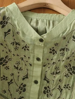 Hot Women's Cotton Linen Shirts Floral Bohemia Casual 3/4 Length Sleeve Crew Neck Regular Tops Daily Embroidered Green Apricot Summer Spring Fall Women Shirts