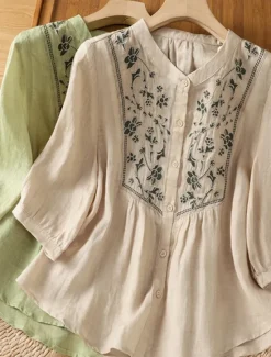 Hot Women's Cotton Linen Shirts Floral Bohemia Casual 3/4 Length Sleeve Crew Neck Regular Tops Daily Embroidered Green Apricot Summer Spring Fall Women Shirts