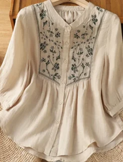 Hot Women's Cotton Linen Shirts Floral Bohemia Casual 3/4 Length Sleeve Crew Neck Regular Tops Daily Embroidered Green Apricot Summer Spring Fall Women Shirts