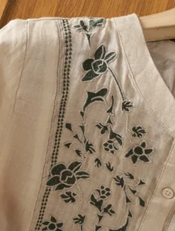 Hot Women's Cotton Linen Shirts Floral Bohemia Casual 3/4 Length Sleeve Crew Neck Regular Tops Daily Embroidered Green Apricot Summer Spring Fall Women Shirts
