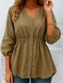 Outlet Women's Cotton Linen Shirts Solid Color Basic Casual 3/4 Length Sleeve V Neck Regular Tops Daily Buttons Blue Khaki Apricot Summer Spring Women Shirts