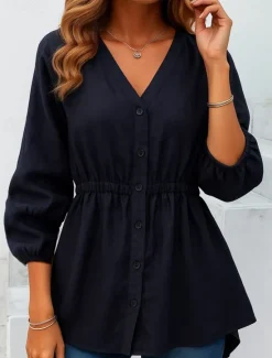 Outlet Women's Cotton Linen Shirts Solid Color Basic Casual 3/4 Length Sleeve V Neck Regular Tops Daily Buttons Blue Khaki Apricot Summer Spring Women Shirts