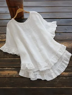 Clearance Women's Cotton Linen Shirts Solid Color Basic Casual Short Sleeve Crew Neck Regular Tops Daily Ruffle Buttons White Yellow Pink Wine Gray Summer Spring Women Shirts