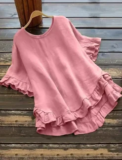 Clearance Women's Cotton Linen Shirts Solid Color Basic Casual Short Sleeve Crew Neck Regular Tops Daily Ruffle Buttons White Yellow Pink Wine Gray Summer Spring Women Shirts