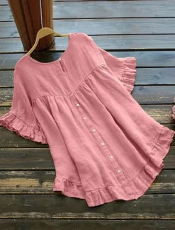 Clearance Women's Cotton Linen Shirts Solid Color Basic Casual Short Sleeve Crew Neck Regular Tops Daily Ruffle Buttons White Yellow Pink Wine Gray Summer Spring Women Shirts