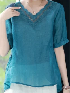Hot Women's Cotton Linen Shirts Solid Color Elegant Stylish Basic Short Sleeve V Neck Regular Tops Daily Embroidered Summer Spring Women Shirts|Sets
