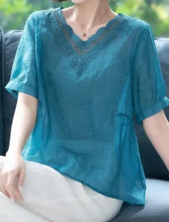 Hot Women's Cotton Linen Shirts Solid Color Elegant Stylish Basic Short Sleeve V Neck Regular Tops Daily Embroidered Summer Spring Women Shirts|Sets