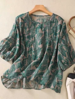 Hot Women's Cotton Linen Shirts Floral Casual 3/4 Length Sleeve Crew Neck Regular Tops Daily Print Black Red Purple Green Summer Women Shirts