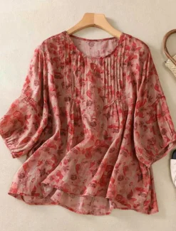 Hot Women's Cotton Linen Shirts Floral Casual 3/4 Length Sleeve Crew Neck Regular Tops Daily Print Black Red Purple Green Summer Women Shirts