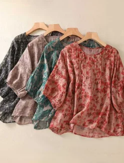 Hot Women's Cotton Linen Shirts Floral Casual 3/4 Length Sleeve Crew Neck Regular Tops Daily Print Black Red Purple Green Summer Women Shirts