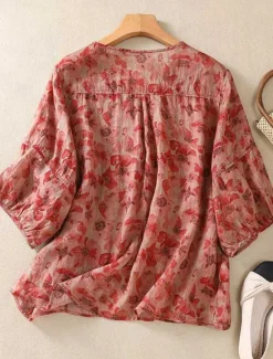Hot Women's Cotton Linen Shirts Floral Casual 3/4 Length Sleeve Crew Neck Regular Tops Daily Print Black Red Purple Green Summer Women Shirts