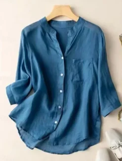 New Women's Cotton Linen Shirts Solid Color Basic Casual Long Sleeve V Neck Regular Tops Daily Pocket Buttons White Navy Blue Light Blue Summer Women Shirts