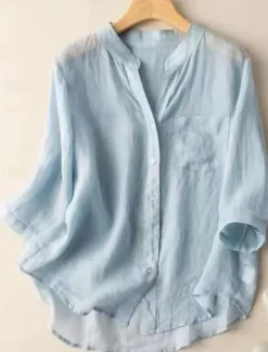 New Women's Cotton Linen Shirts Solid Color Basic Casual Long Sleeve V Neck Regular Tops Daily Pocket Buttons White Navy Blue Light Blue Summer Women Shirts