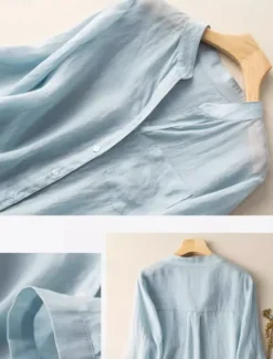 New Women's Cotton Linen Shirts Solid Color Basic Casual Long Sleeve V Neck Regular Tops Daily Pocket Buttons White Navy Blue Light Blue Summer Women Shirts