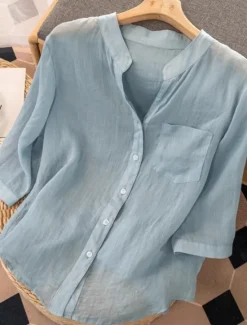 New Women's Cotton Linen Shirts Solid Color Basic Casual Long Sleeve V Neck Regular Tops Daily Pocket Buttons White Navy Blue Light Blue Summer Women Shirts