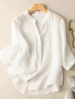 New Women's Cotton Linen Shirts Solid Color Basic Casual Long Sleeve V Neck Regular Tops Daily Pocket Buttons White Navy Blue Light Blue Summer Women Shirts