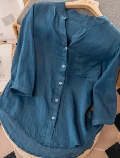 New Women's Cotton Linen Shirts Solid Color Basic Casual Long Sleeve V Neck Regular Tops Daily Pocket Buttons White Navy Blue Light Blue Summer Women Shirts
