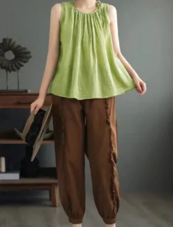 Outlet Women's Cotton Linen Shirts Camisole Tank Top Solid Color Basic Casual Sleeveless Crew Neck Regular Tops Daily Black Navy Blue Purple Green Gray Summer Women Shirts