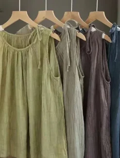 Outlet Women's Cotton Linen Shirts Camisole Tank Top Solid Color Basic Casual Sleeveless Crew Neck Regular Tops Daily Black Navy Blue Purple Green Gray Summer Women Shirts