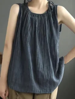 Outlet Women's Cotton Linen Shirts Camisole Tank Top Solid Color Basic Casual Sleeveless Crew Neck Regular Tops Daily Black Navy Blue Purple Green Gray Summer Women Shirts