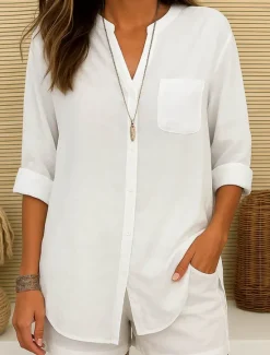 Sale Women's Cotton Linen Shirt Plain Vintage Long Sleeve V Neck Regular Tops Daily Weekend Vacation Wear Pink purple White Navy Blue Blue Orange Summer Spring Women Shirts