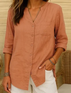 Sale Women's Cotton Linen Shirt Plain Vintage Long Sleeve V Neck Regular Tops Daily Weekend Vacation Wear Pink purple White Navy Blue Blue Orange Summer Spring Women Shirts