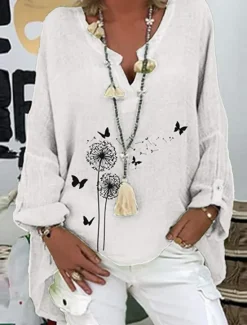 Discount Women's Cotton Linen Shirts Floral Basic Casual Long Sleeve Shirt Collar Regular Tops Daily Print White Pink Navy Blue Purple Summer Fall Women Shirts