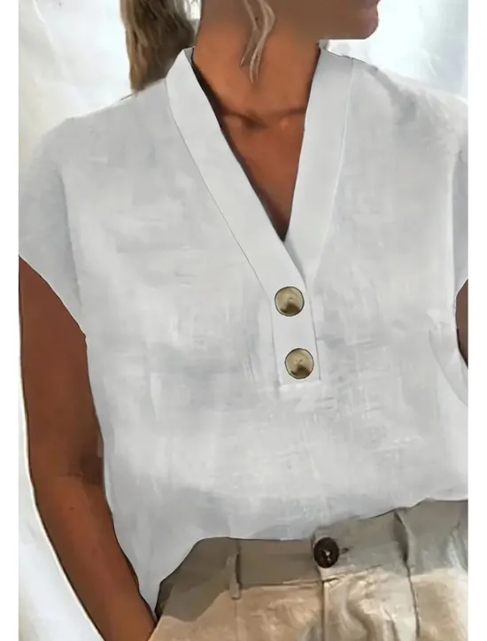 Online Women's Cotton Linen Shirts Cotton Linen Shirt Blouse Plain Basic Modern Casual Short Sleeve V Neck Regular Tops Holiday Going out Buttons White Pink Green Light Blue Summer Women Shirts
