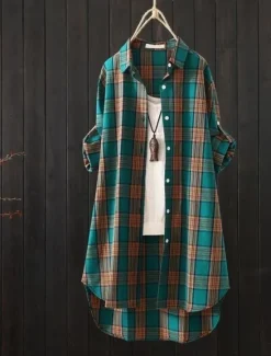 Sale Women's Cotton Linen Shirt Plaid Basic Casual Long Sleeve Shirt Collar Regular Tops Daily Buttons Pocket Print Yellow Red Green Summer Women Shirts