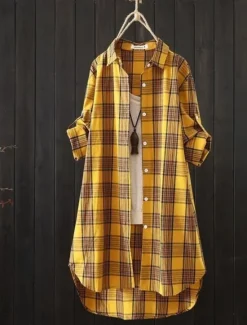 Sale Women's Cotton Linen Shirt Plaid Basic Casual Long Sleeve Shirt Collar Regular Tops Daily Buttons Pocket Print Yellow Red Green Summer Women Shirts