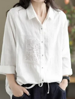 New Women's Cotton Linen Shirts Solid Color Vintage Basic Casual Long Sleeve Shirt Collar Regular Tops Daily Embroidered Pocket Buttons White Yellow Green Summer Spring Fall Women Shirts