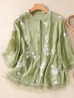Hot Women's Cotton Linen Shirts Floral Vintage Casual Long Sleeve High Neck Regular Tops Daily Embroidered Buttons Red Purple Green Apricot Summer Women Shirts