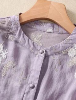 Hot Women's Cotton Linen Shirts Floral Vintage Casual Long Sleeve High Neck Regular Tops Daily Embroidered Buttons Red Purple Green Apricot Summer Women Shirts