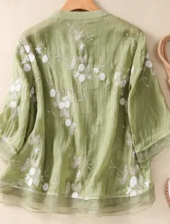 Hot Women's Cotton Linen Shirts Floral Vintage Casual Long Sleeve High Neck Regular Tops Daily Embroidered Buttons Red Purple Green Apricot Summer Women Shirts