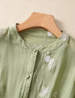 Hot Women's Cotton Linen Shirts Floral Vintage Casual Long Sleeve High Neck Regular Tops Daily Embroidered Buttons Red Purple Green Apricot Summer Women Shirts