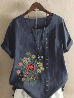 Best Women's Cotton Linen Shirts Floral Graphic Elegant Daily Basic Short Sleeve Crew Neck Regular Tops Daily Holiday Vacation Wear Buttons Grass Green White Yellow Army Green Navy Blue Summer Women Shirts