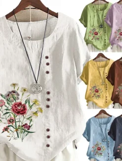 Best Women's Cotton Linen Shirts Floral Graphic Elegant Daily Basic Short Sleeve Crew Neck Regular Tops Daily Holiday Vacation Wear Buttons Grass Green White Yellow Army Green Navy Blue Summer Women Shirts
